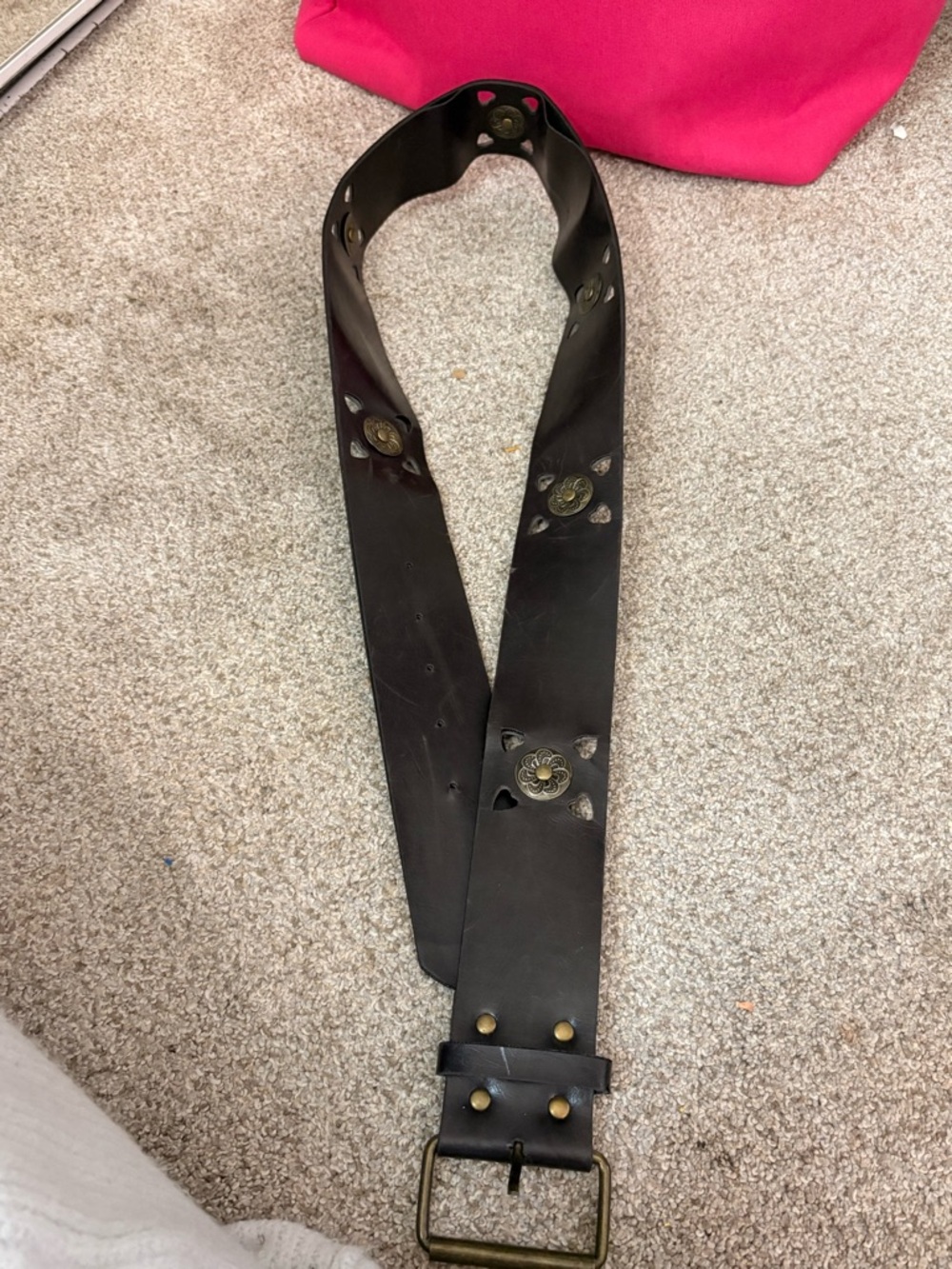 Studded Black Leather Belt with Brass Accents